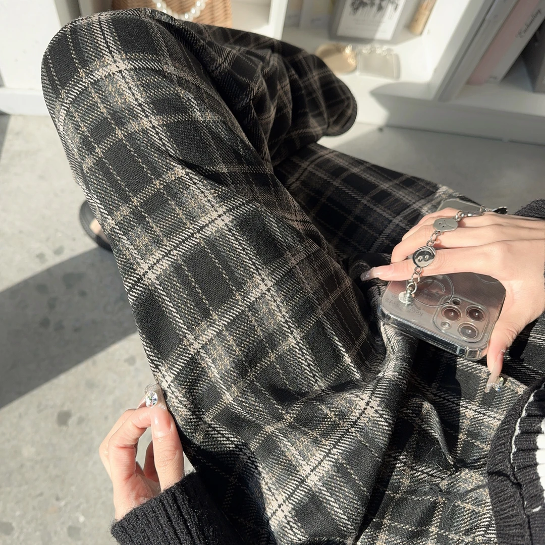 格子毛呢阔腿裤女百搭春秋2024高腰垂感休闲宽松格子裤小个子穿搭