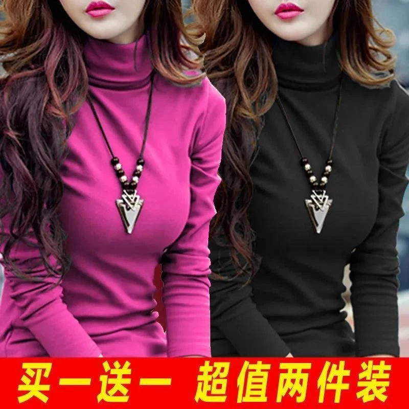 双面德绒高领打底衫女新款冬季加绒百搭纯色洋气保暖长袖上衣女潮