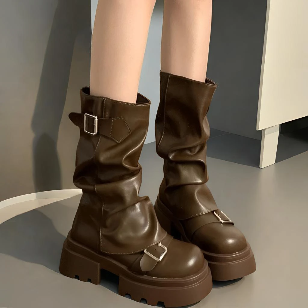 复古棕色美拉德厚底马丁靴女款2025秋冬新款增高显瘦百搭裤管靴子