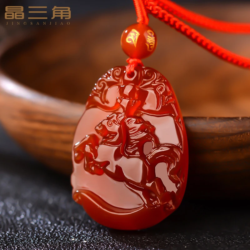 天然红玛瑙吊坠女十二生肖属马本命年玉石护身符项链男士挂件