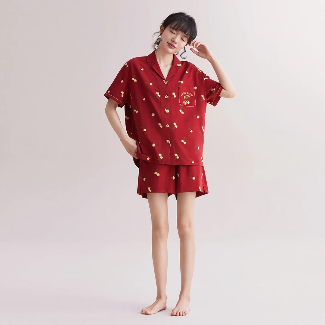 红豆【事事顺心】纯棉涼感薄款情侣睡衣女夏季红色家居服结婚印花