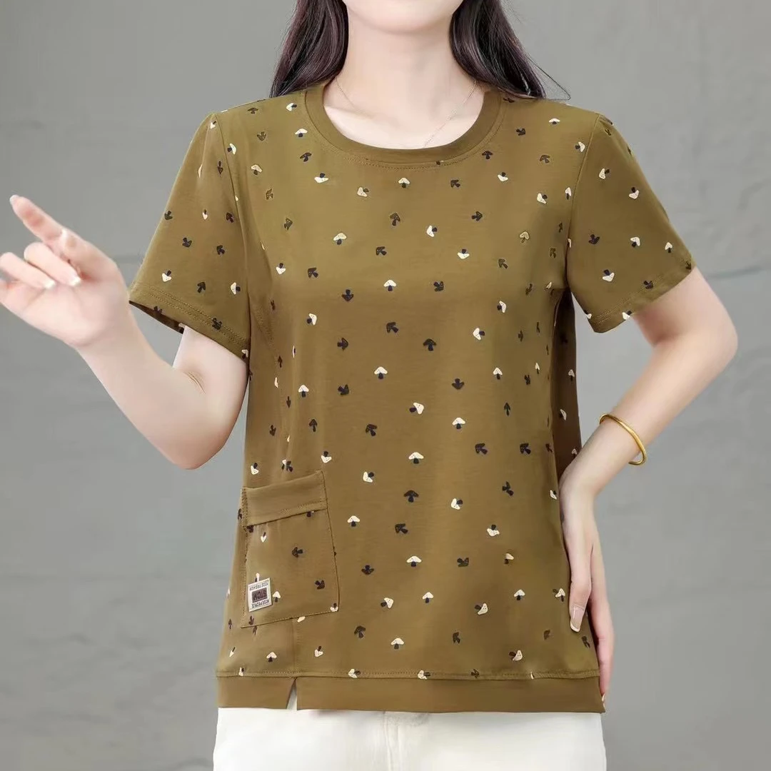 夏季时尚气质洋气休闲百搭显瘦宽松大码圆领印花女士碎花半袖W523