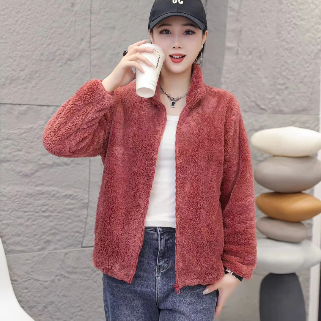 秋冬时尚休闲双面保暖加绒加厚运动宽松冬季户外立领女士短款外套