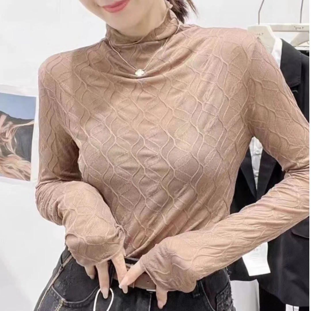 时尚百搭减龄镂空高弹力长袖显瘦打底上衣