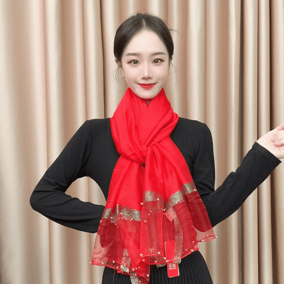 S-34-13 桑蚕丝羊毛65x175左右钉珠款围巾
