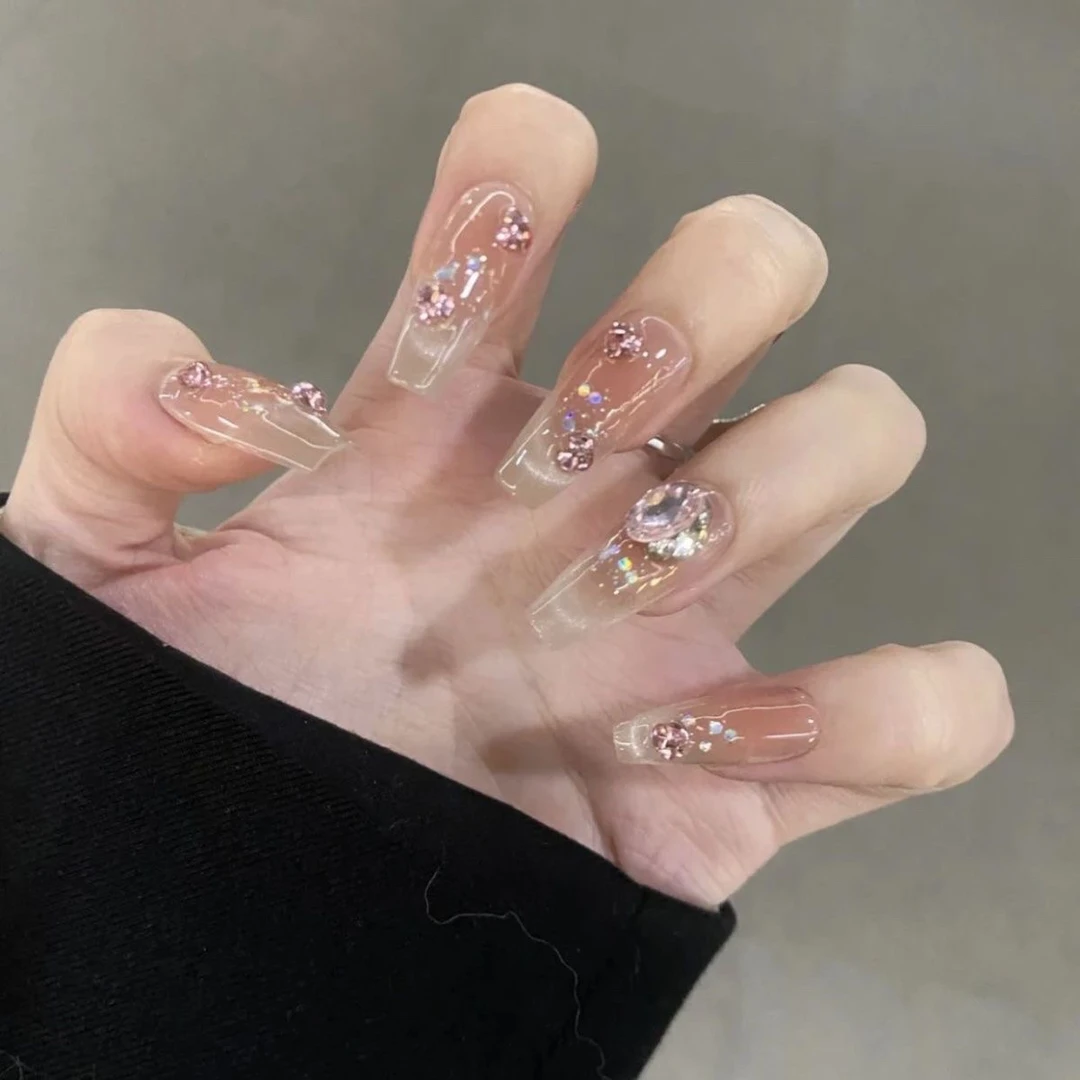 微笑猫眼钻球爆闪高级感氛围感美甲长款成品假指甲可拆卸穿戴甲