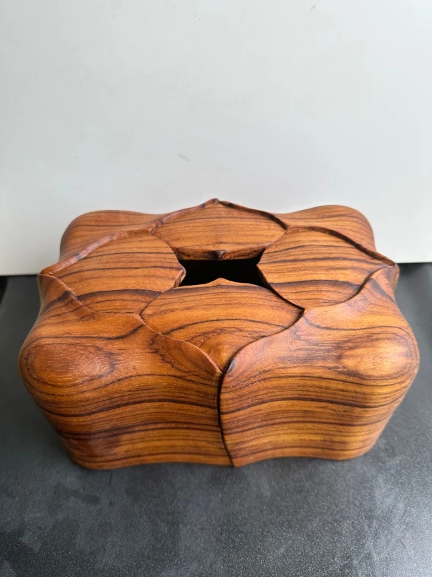 缅甸柚木 整木纯手工雕刻莲花花瓣抽纸盒整木不拼接