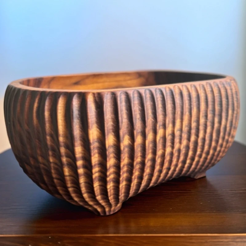 缅甸柚木 整木纯手工雕刻长方椭圆胖墩 收纳水果干果 零食果盘