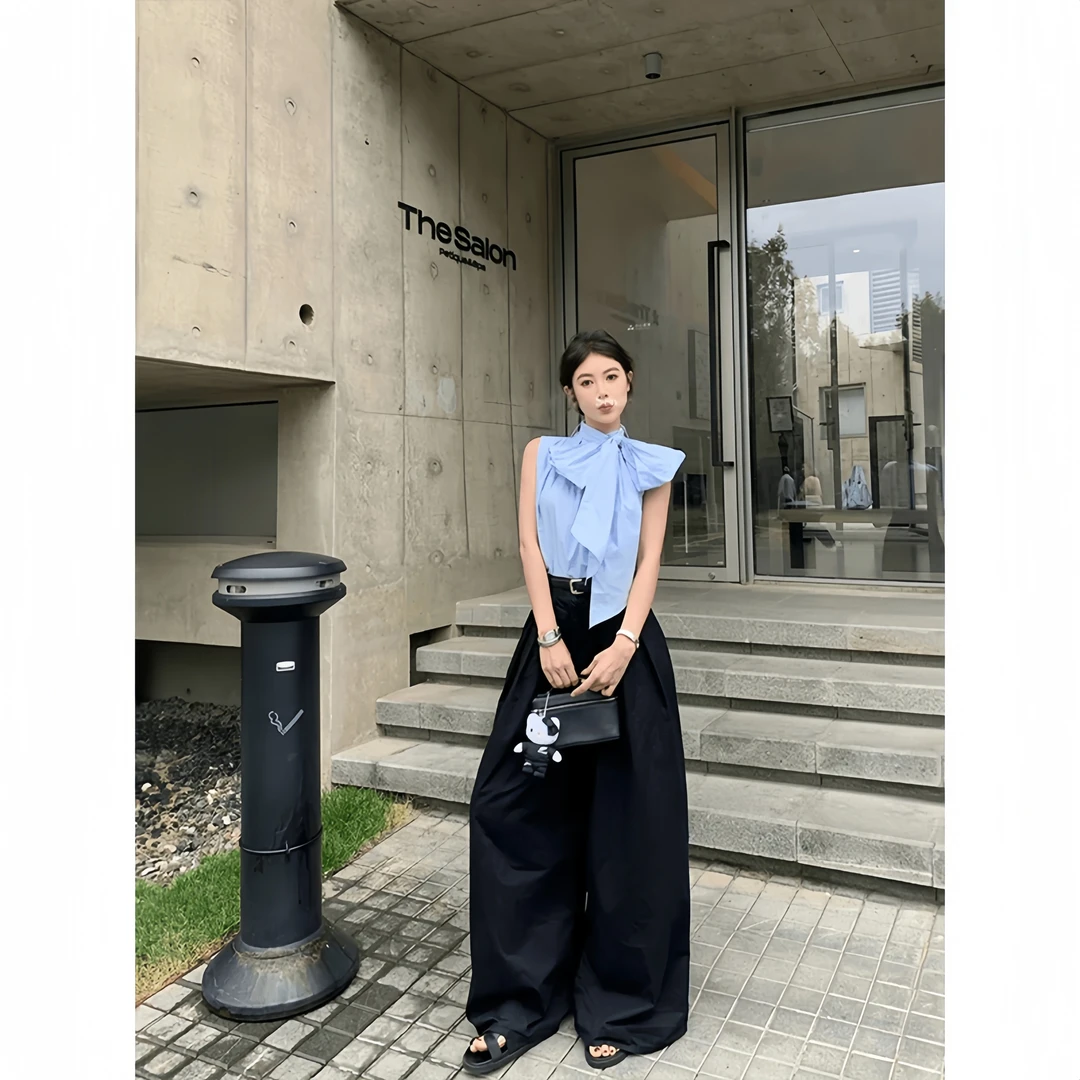 夏季时尚法式风蝴蝶结立领无袖背心衬衫女高级设计感纯欲风上衣女