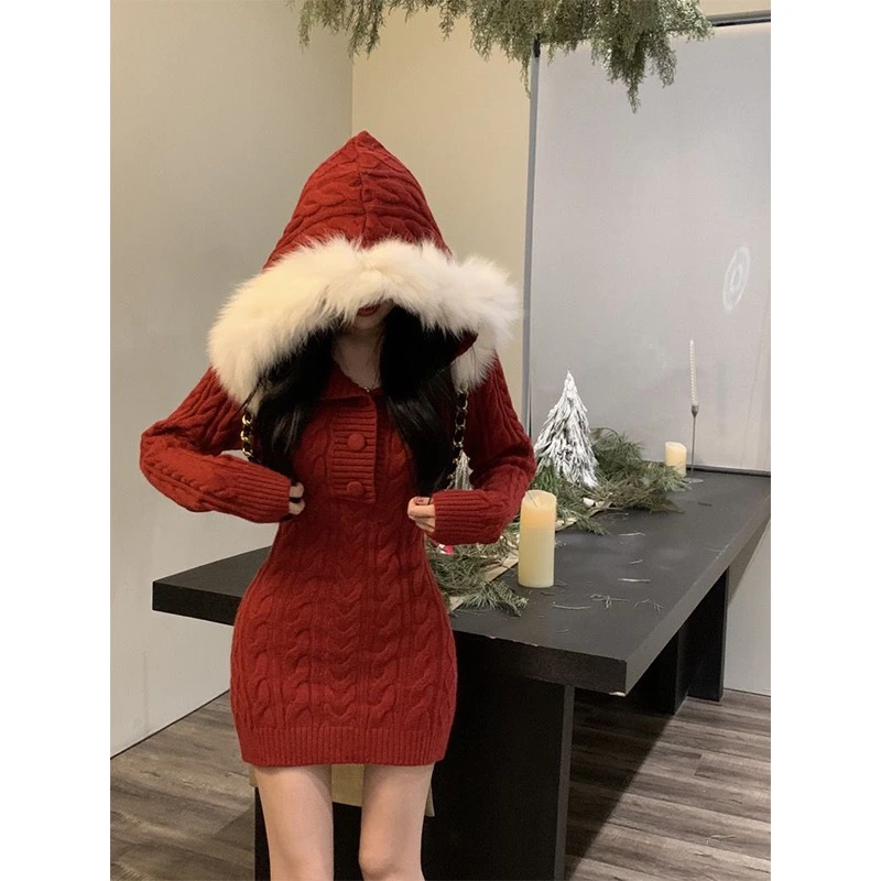 红色连帽新年战衣秋冬麻花针织裙女高级感裙子修身收腰包臀短裙