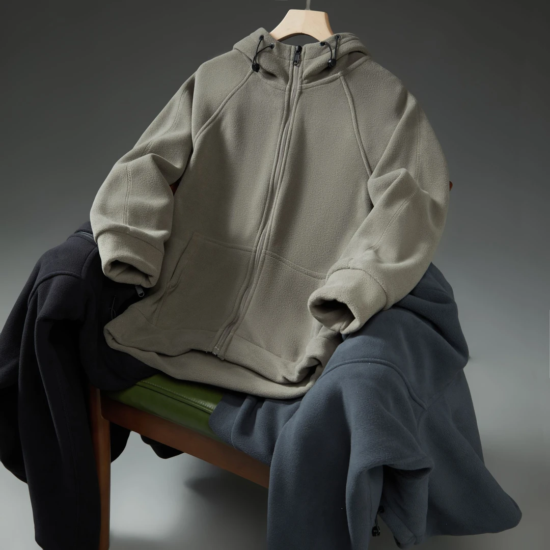 25新款男士摇粒绒纯色休闲国潮连帽外套运动夹克保暖秋冬上衣6602