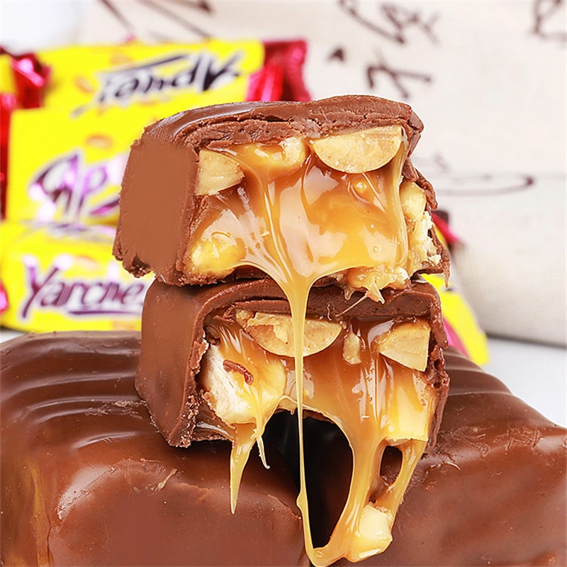 俄罗斯进口Kdv巧克力味花生糖果能量棒焦糖果仁夹心喜糖散装500g