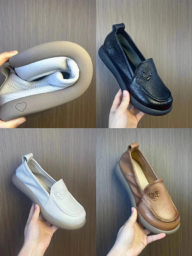 头层皮小白女单鞋豆豆平底妈妈鞋春季休闲鞋皮鞋四季软底一脚蹬