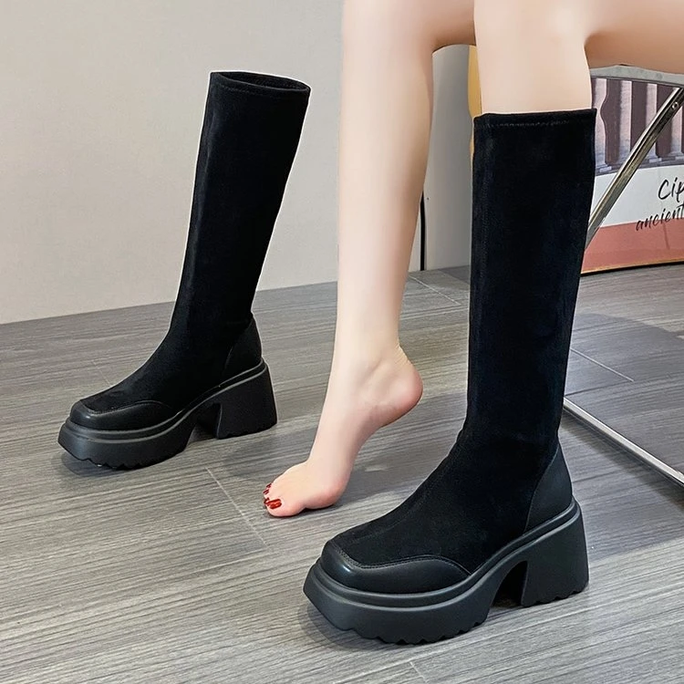 厚底过膝长靴女高筒靴2024秋冬高跟圆头粗跟显瘦弹力瘦瘦靴