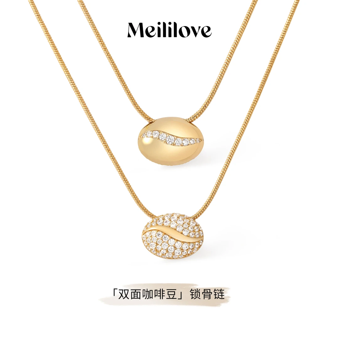 meililove/莓拉 合金锆石项链 「双面咖啡豆」锁骨链-ZR11