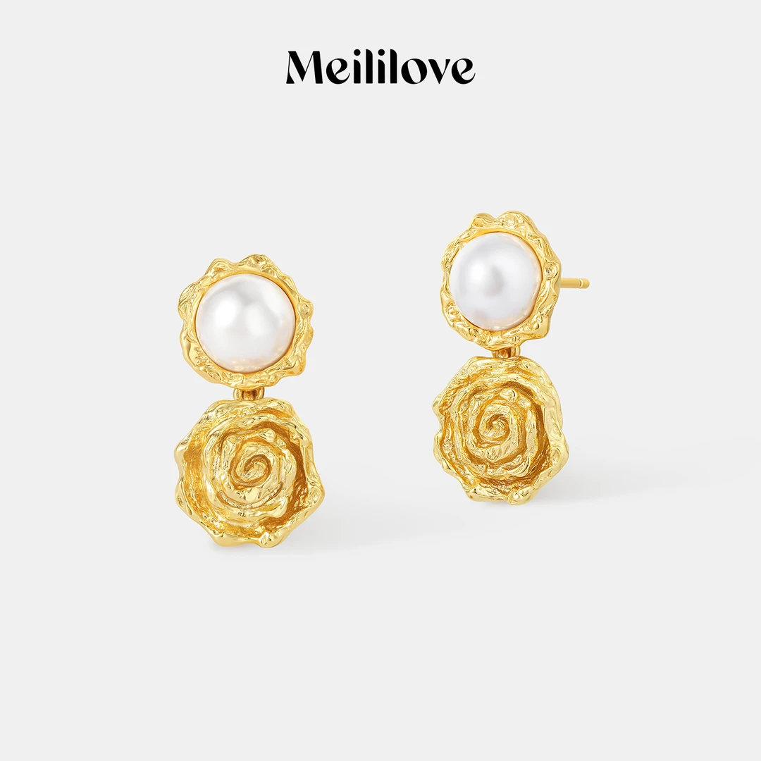 meililove/莓拉 铜合金仿珍珠耳饰 复古法式「折纸玫瑰」耳坠MG06