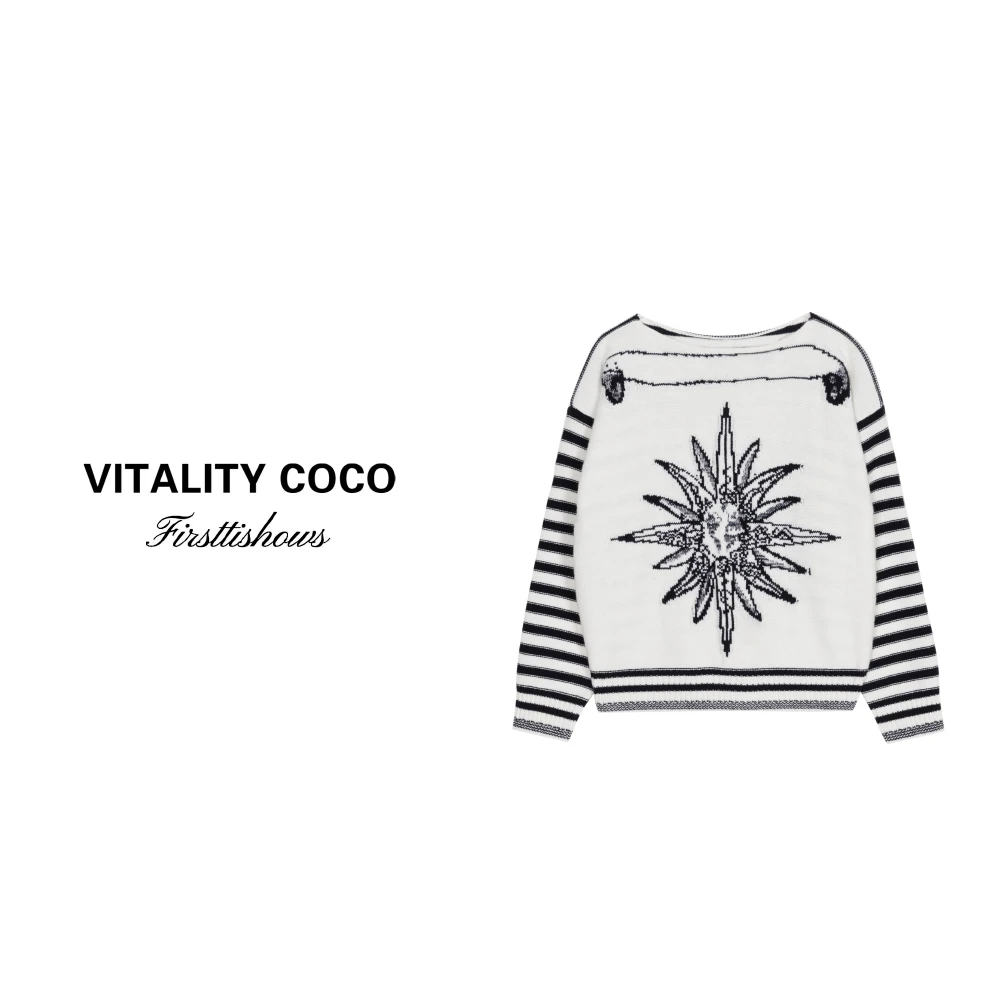 「VITALITY COCO」美式复古刺绣圆领毛衣长袖针织衫-1014