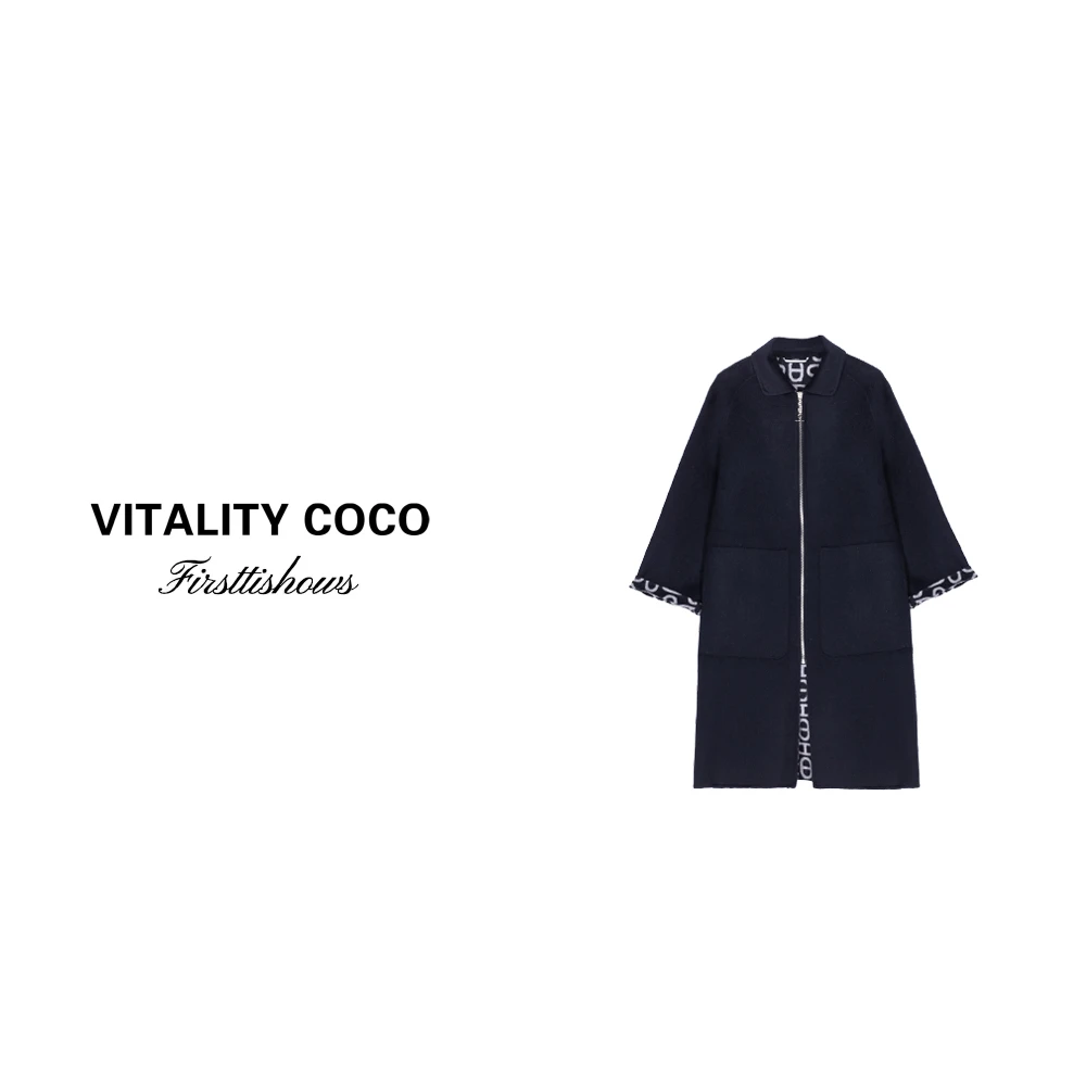 「VITALITY COCO」秋冬上新热卖海军蓝翻领长款羊绒大衣1435