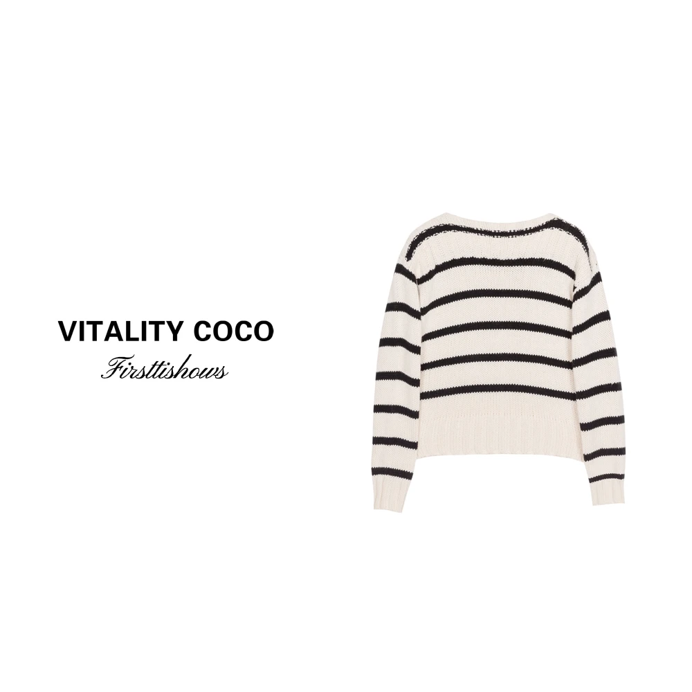「VITALITY COCO」秋冬新款 凯旋门船领条纹针织衫上衣毛衣-349