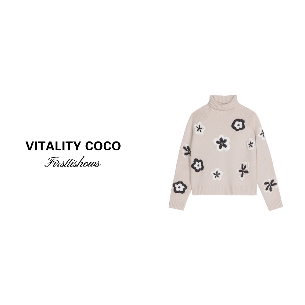 「VITALITY COCO」新款时尚长袖圆领刺绣花朵针织毛衣-1677