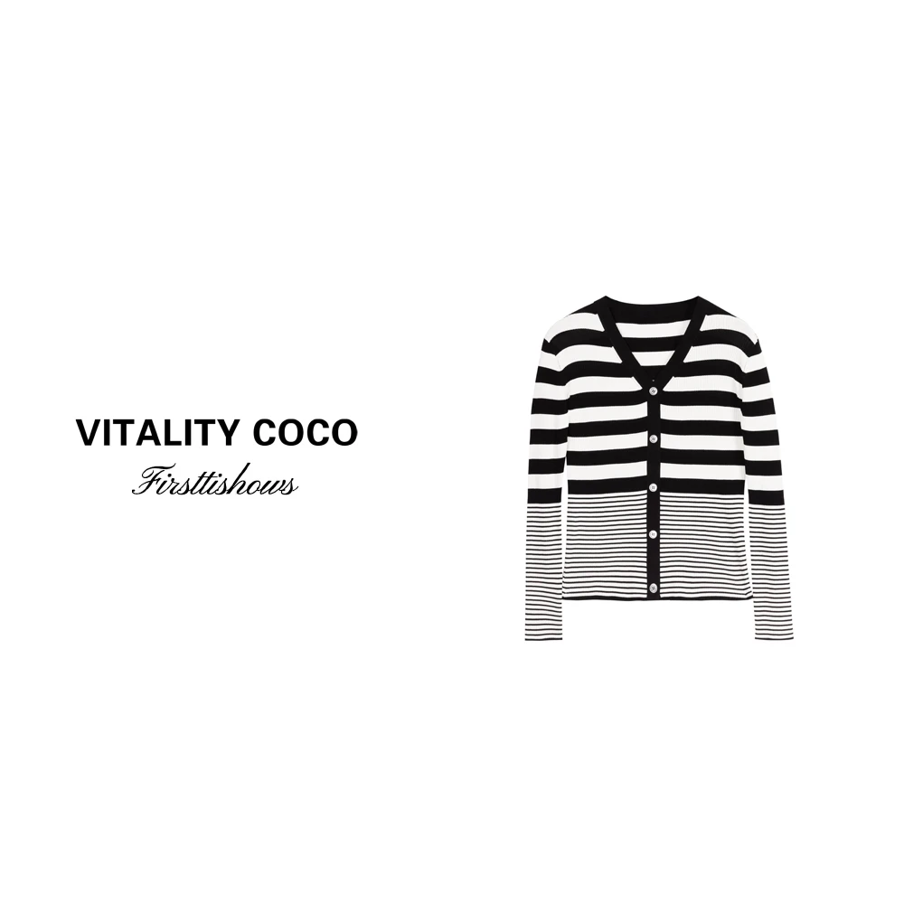 「VITALITY COCO」条纹V领设计针织上衣女短款修身显瘦打底衫-369