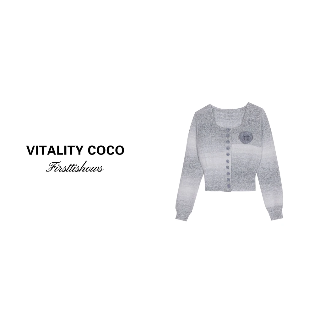 「VITALITY COCO」方领单排扣针织开衫撞色渐变显瘦毛衣上衣女819