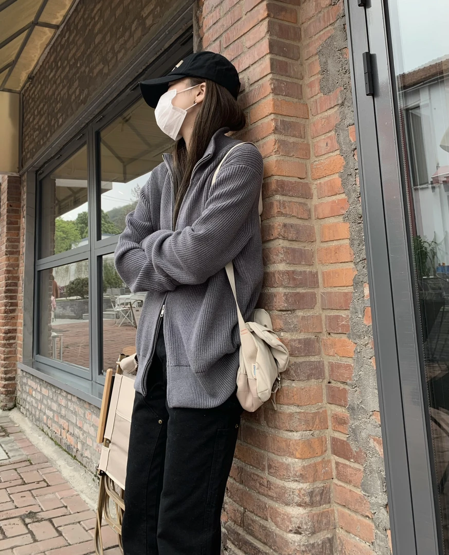 小众高街 美式无性别纯色针织高领双拉链经典手缝四角标毛衣
