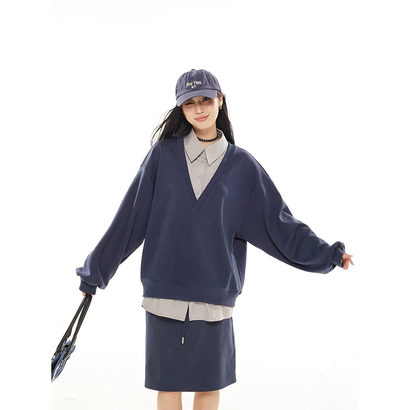 野生zerocircle假两件撞色v领薄卫衣女秋宽松慵懒风显瘦长袖上衣