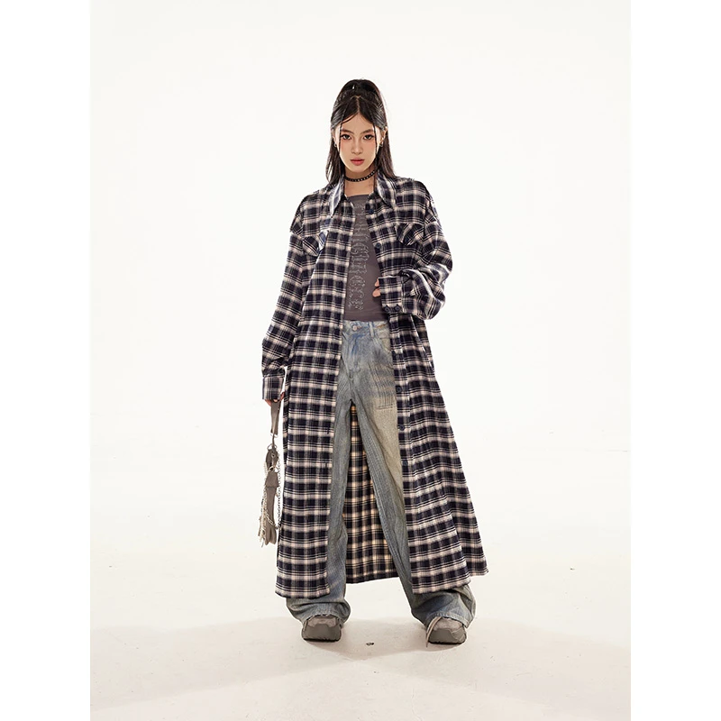 野生zero 格子复古长款外套女早秋休闲慵懒韩系大衣W25024E43