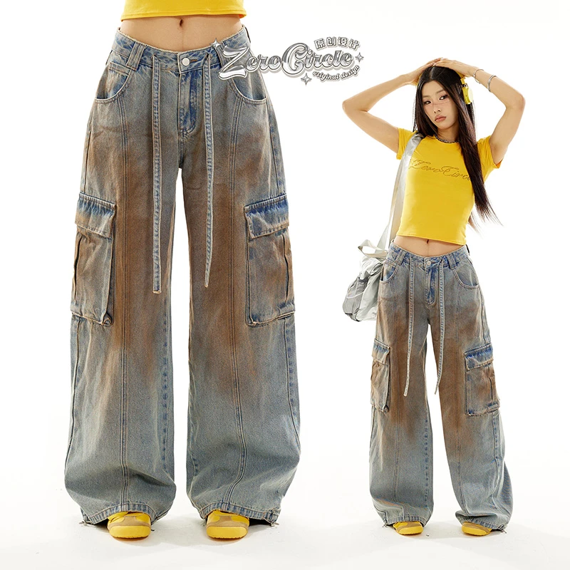 野生zero“高街潮流”复古多口袋牛仔裤夏季美式休闲长裤 H21682E42