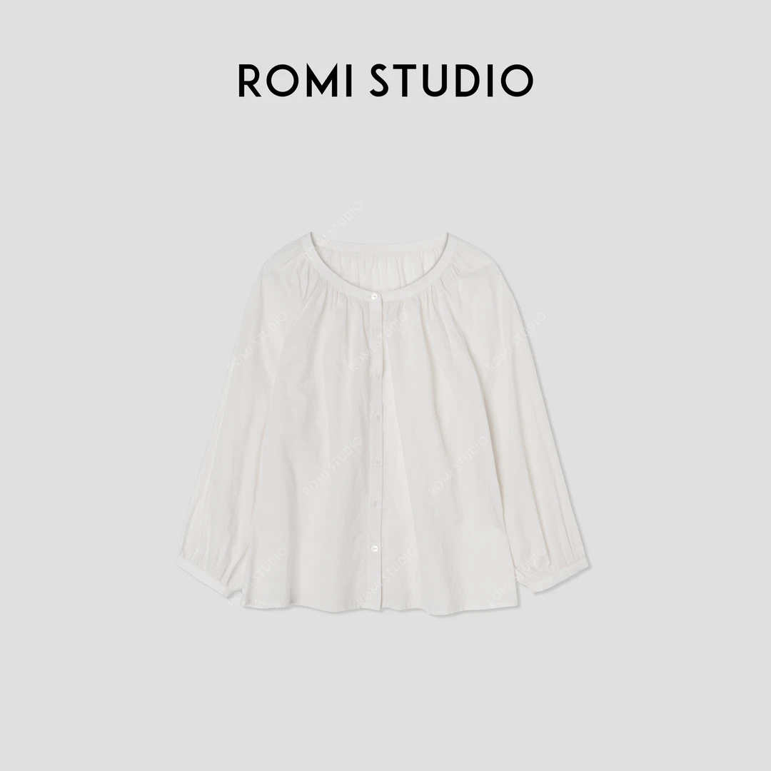 ROMI STUDIO“棉的印迹” 超纤棉洗水肤感圆领泡泡袖衬衣421C6034