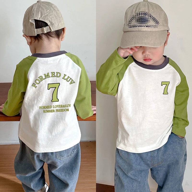 纯棉儿童T恤长袖春秋款2024新款秋装拼色男女上衣打底衫薄款潮酷T