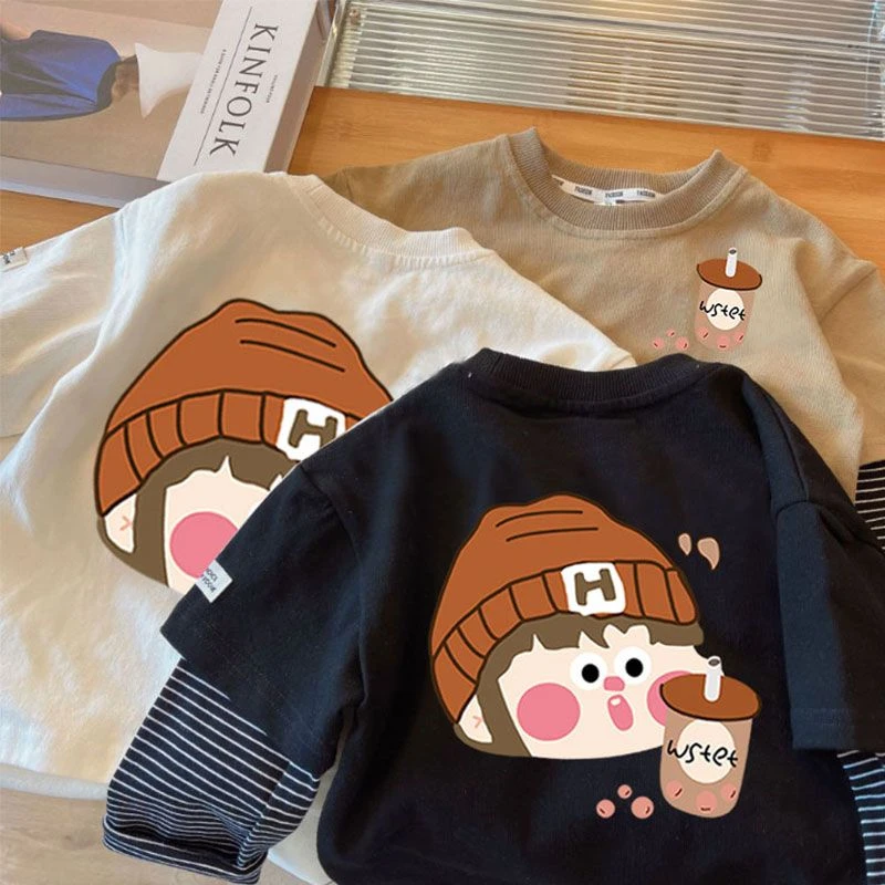 纯棉男女童假两件长袖打底衫T恤宝宝春秋新薄款宽松百搭休闲上衣t