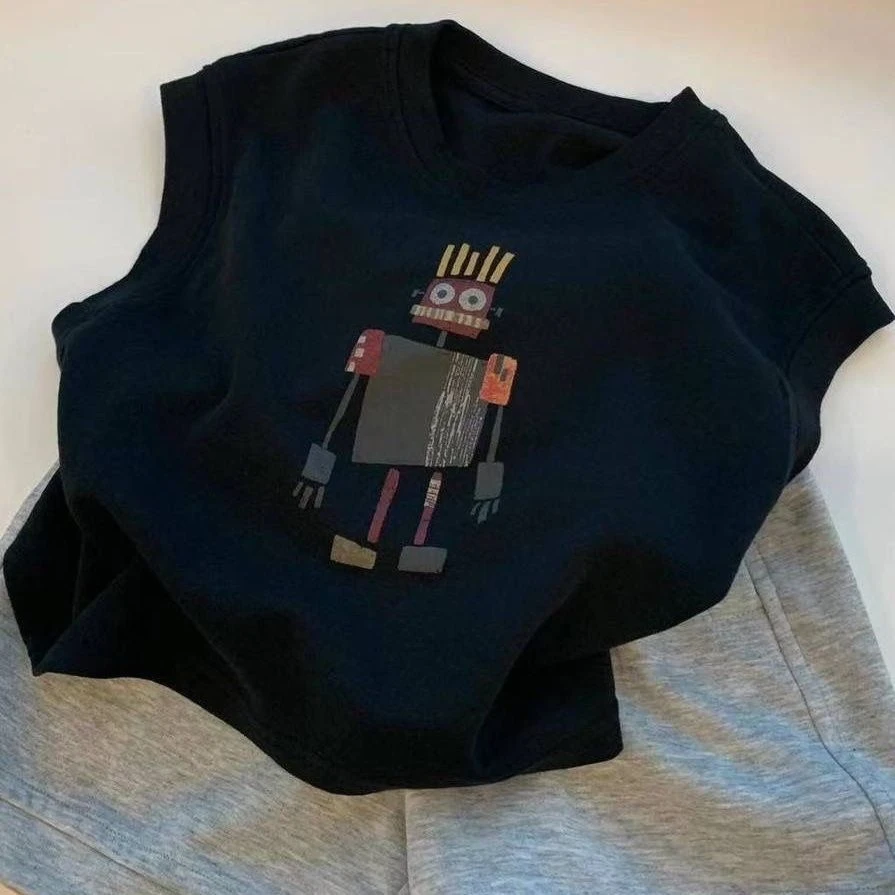 纯棉男童背心机器人韩系2024夏季新款中小童装上衣韩版潮儿童字母