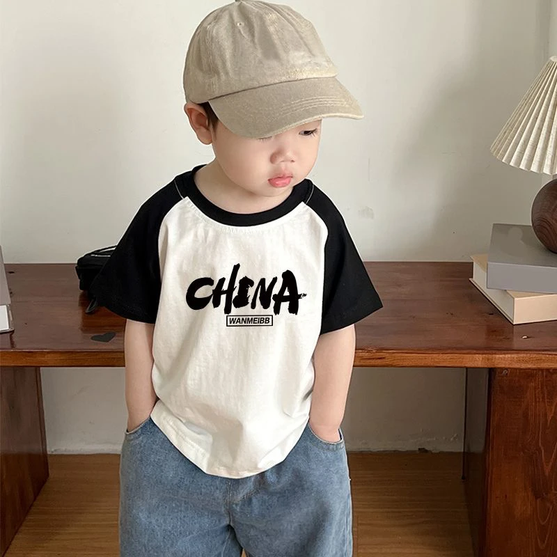 100%儿童纯棉男女童装插肩袖短袖2024新款国潮撞色洋气中小童T恤