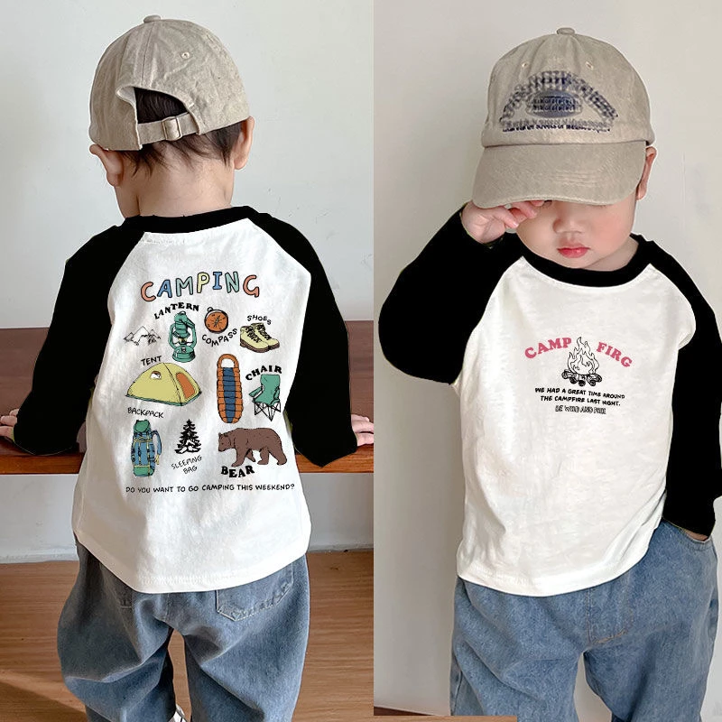 纯棉儿童长袖T恤中小童拼撞色2024新款春秋装男女宝宝卡通打底衫t