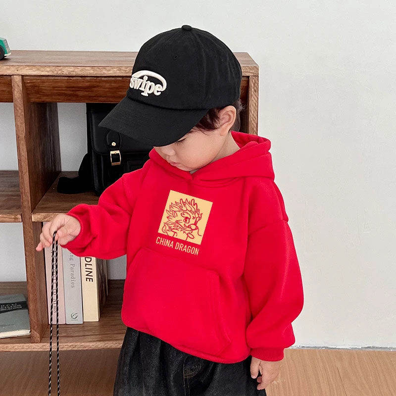 男童加绒卫衣红色龙年2024新款帅气儿童秋冬加厚女童连帽卫衣童装