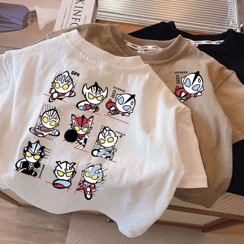 男童短袖T恤儿童插肩袖打底衫t春秋装2024新款男孩帅气拼接奥特曼