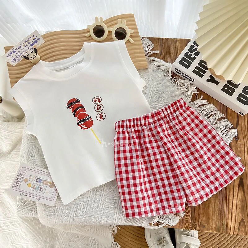 儿童超萌卡通背心无袖格子短裤两件套2024新款男女宝宝童夏季套装