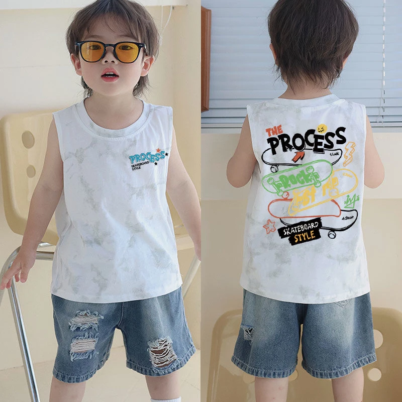 洋气扎染~男童纯棉背心字母T恤无袖2024夏季新款儿童圆领百搭上衣