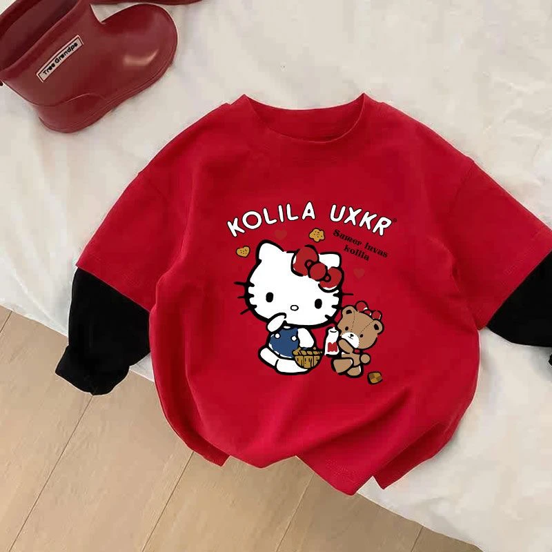 女童宝宝纯棉长袖2024新款儿童男拜年服红色喜庆洋气卡通印花上衣