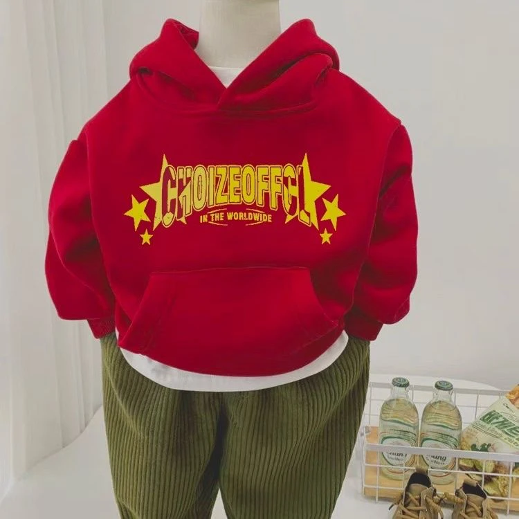 儿童新年加绒套装男女童红色连帽卫衣宝宝龙年喜庆拜年服两件套潮