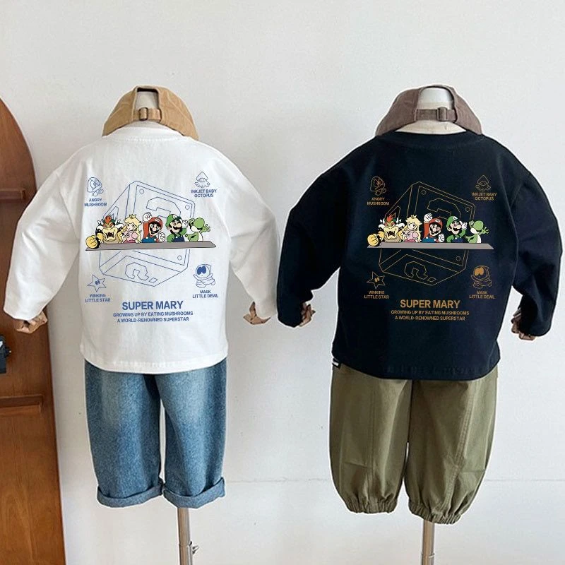 2024春秋纯色T恤动物童趣卡通套头休闲上衣可爱印花新款长袖圆领t