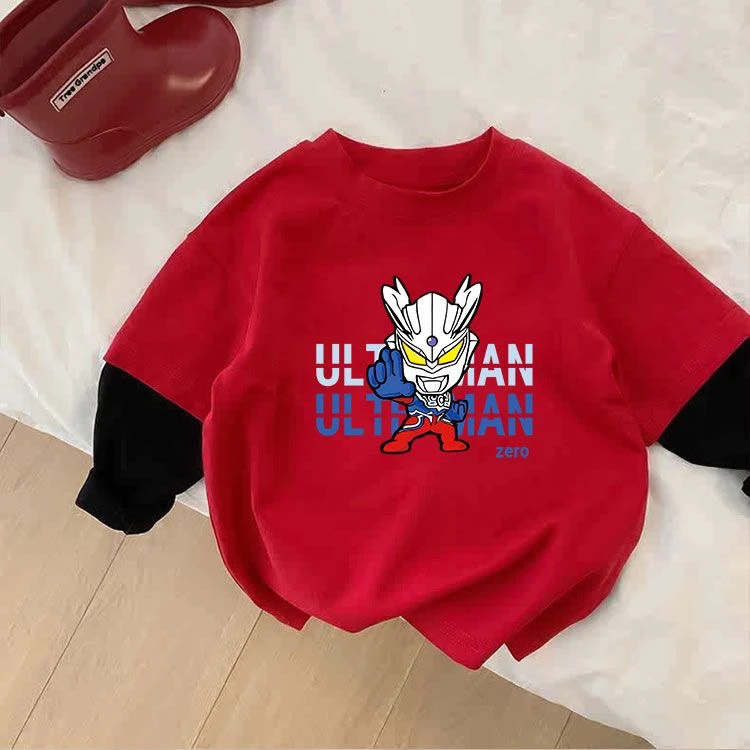 儿童纯棉t恤新款宝宝上衣拜年男女童喜庆红色假两件圆领打底衫潮