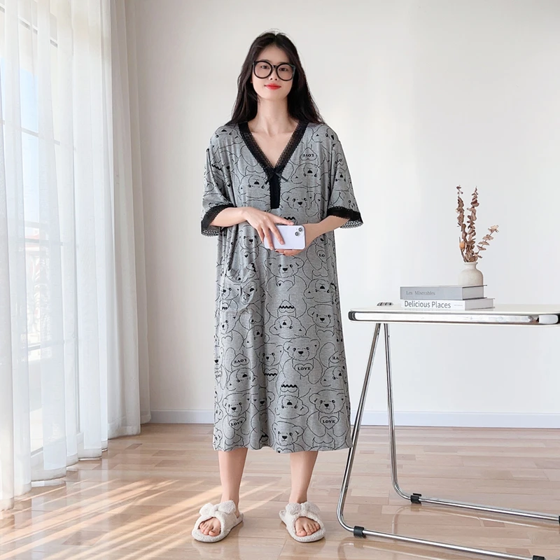 带胸垫蕾丝大码睡裙女款夏天薄款莫代尔短袖200斤孕妇睡衣家居服