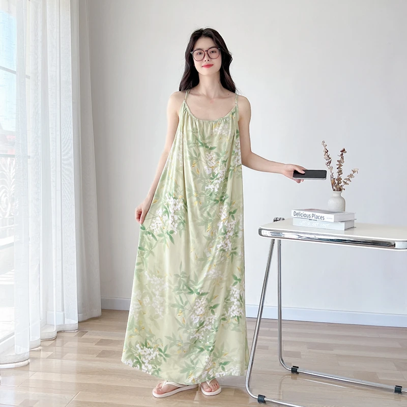 加长款性感美背棉绸大码吊带睡裙女夏季薄款胖mm200斤睡衣家居服