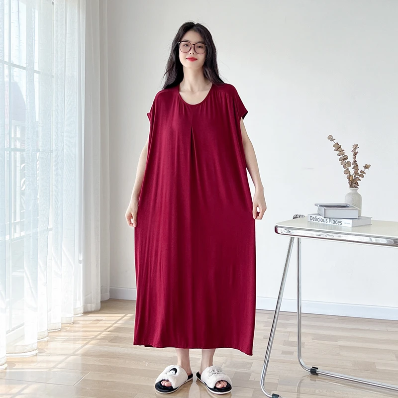 带胸垫无袖加长大码睡裙女胖mm200斤夏薄款莫代尔睡衣孕妇家居服