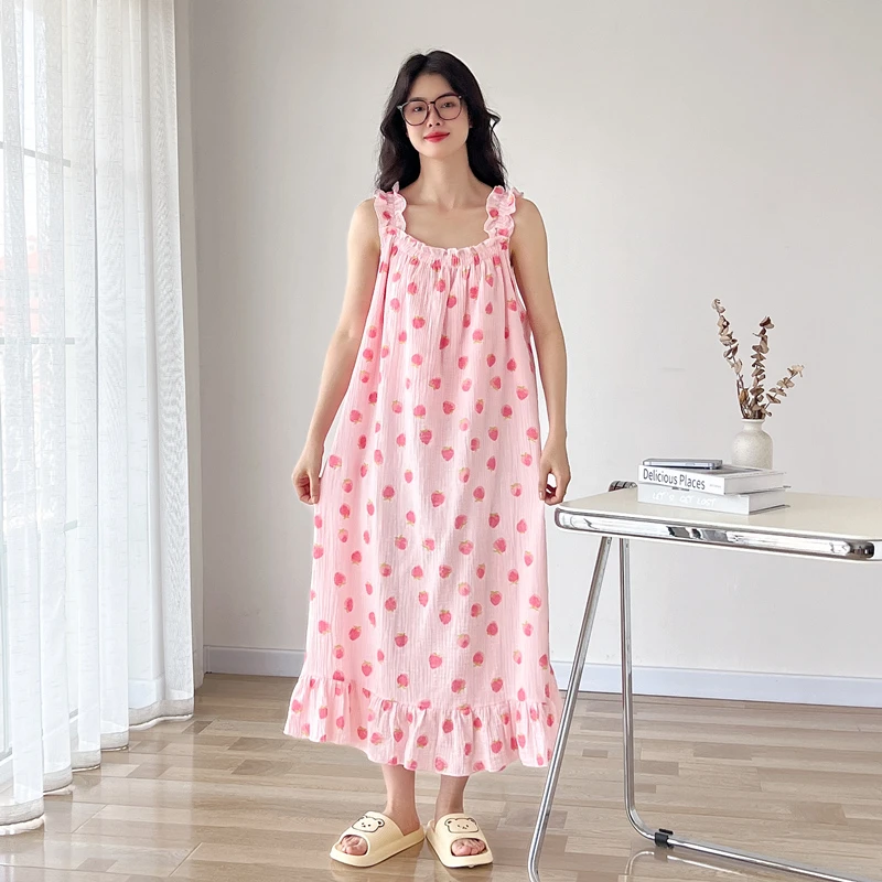 带胸垫大码吊带睡裙女胖mm200斤夏季纯棉纱布薄款无袖背心家居服