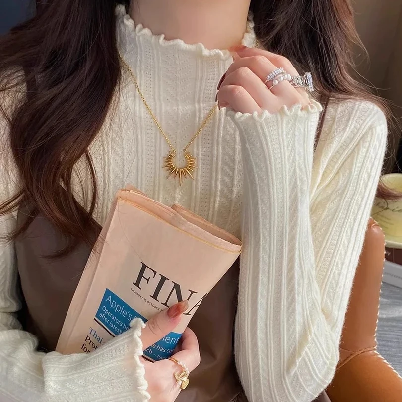 半高领毛衣打底衫女秋冬内搭2024新款设计感木耳边针织衫上衣