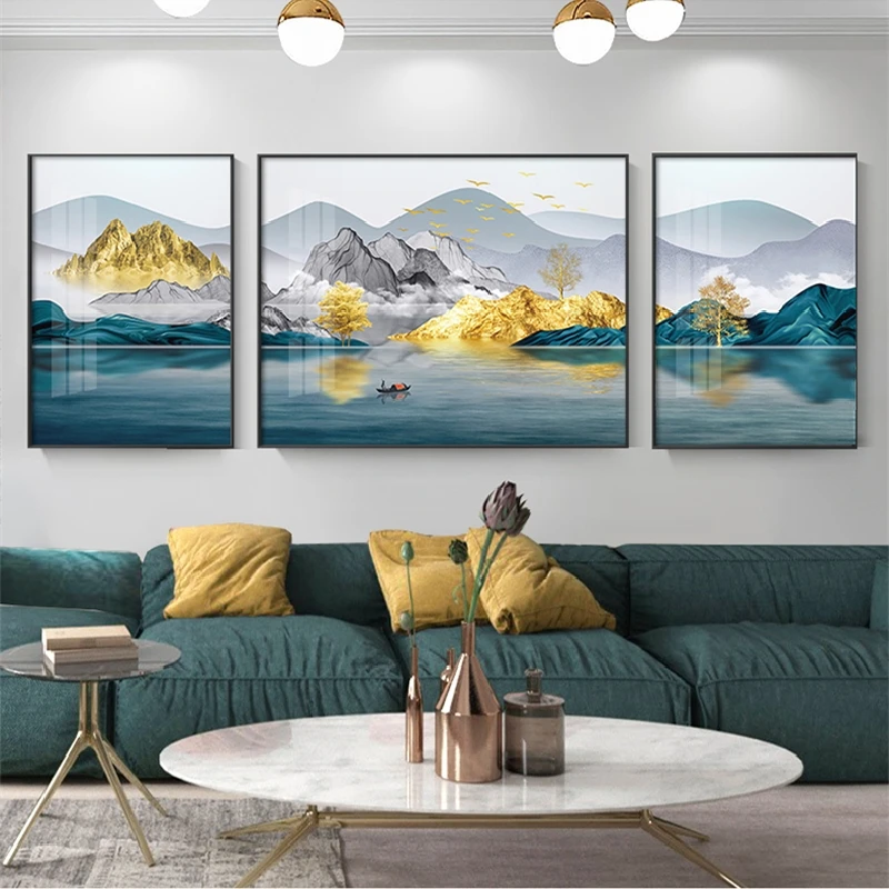 《富水金山》客厅装饰画新中式山水画沙发背景墙壁画高档晶瓷三联